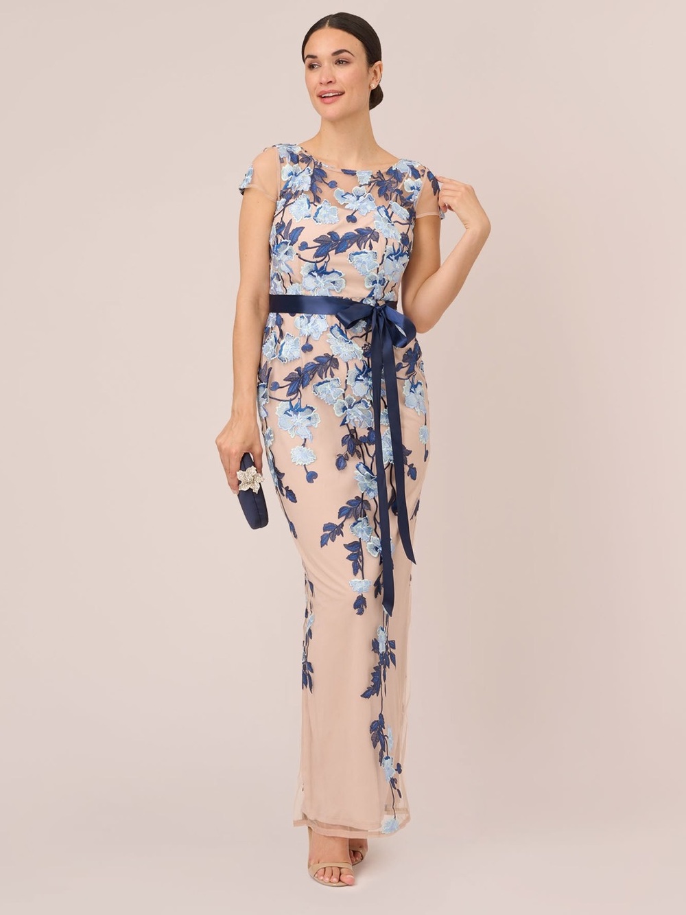 Adrianna Papell Nude Maxi Dress with Blue Floral Embroidery and Navy Sash